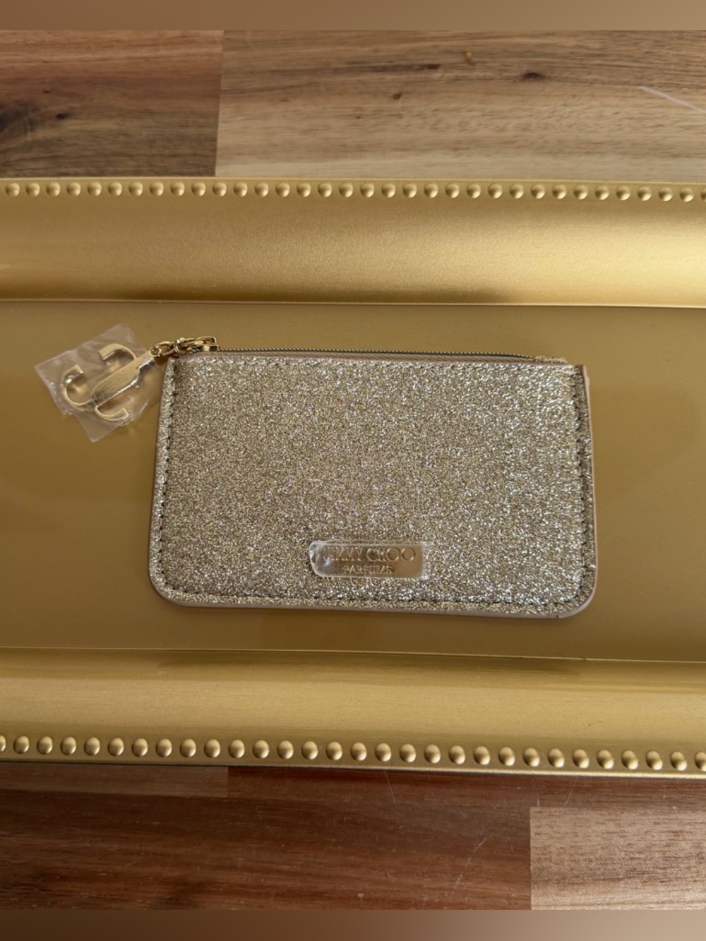 Jimmy Choo Gold Glitter Card Holder Zip Coin Pouch with Branded Plaque NWOT